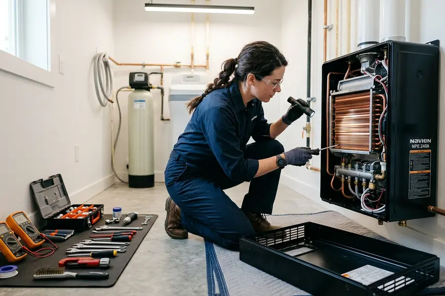 Water Heater Jockey plumber servicing a tankless water heater in Victory Mills